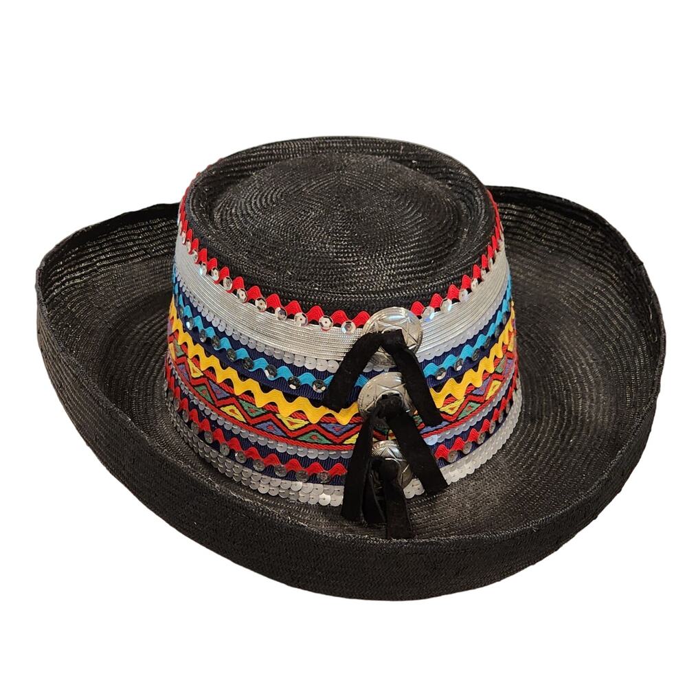Vintage Southwest Statement Straw Hat Black Western Concho Festival Cowgirl Rare - Picture 2 of 13